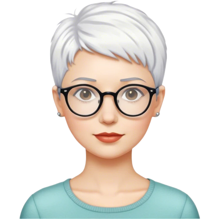 White woman with cropped short pixie white hair, glasses emoji
