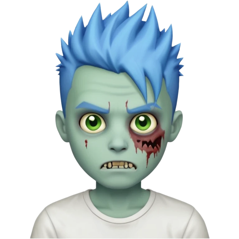 zombie boy with blue-tinted spiky hair, white shirt, pale green skin, emoji style emoji
