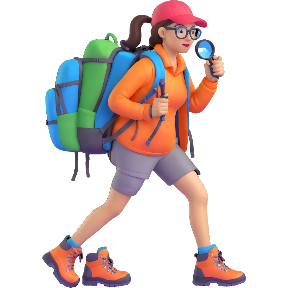 Happy energetic woman in her late 30s with glasses wearing colorful sporty outfit, hiking boots, and backpack, examining with a magnifying glass emoji