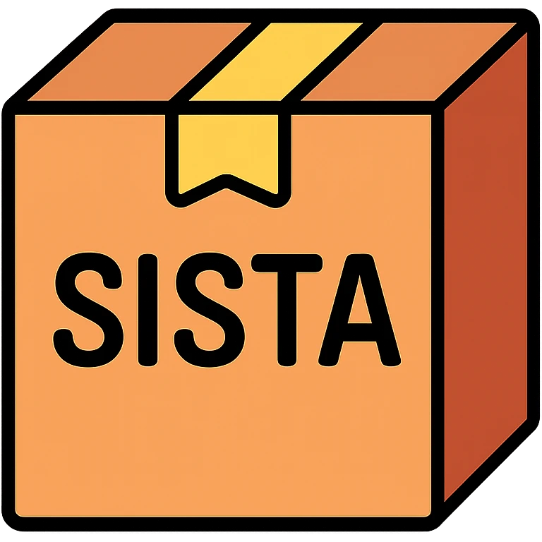 cardboard box with the word SISTA printed on it, clear and legible, color outline icon style emoji