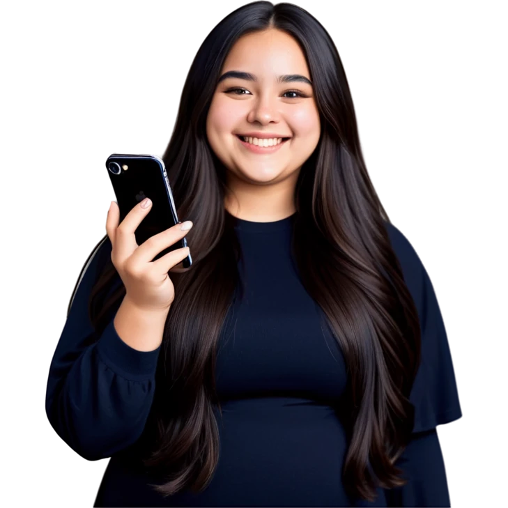 Beautiful young girl, slightly overweight with long dark hair cascading over her shoulders as she holds her black iPhone, smiling with the nose ring in her nose as it shines like a diamond emoji