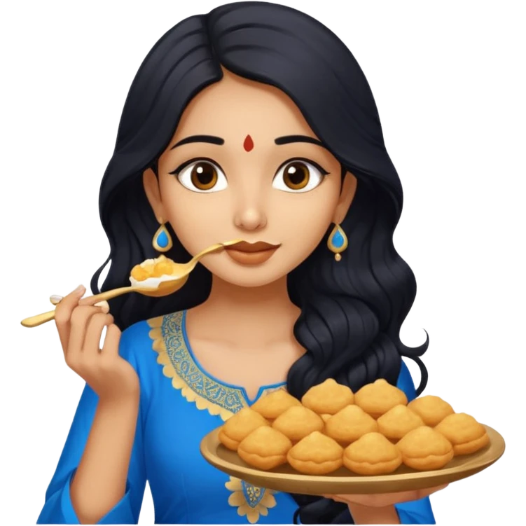 a pretty tan indian bratz girl with wavy long BLACK hair. eyeliner on, wearing a blue kurti, eating golgappa. NO SPOON emoji