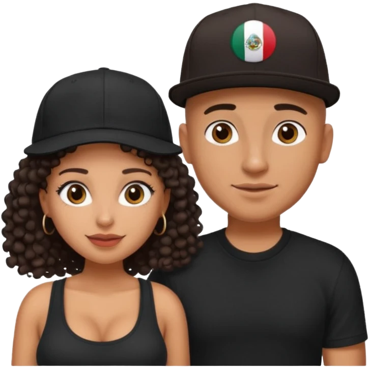 A picture of a cute tanned couple. the man is Mexican, with a bald hair cut wearing a SnapBack hat and a black shirt. the woman is mixed, she has curly longer dark brown hair, wearing no hat, and with big boobs  emoji