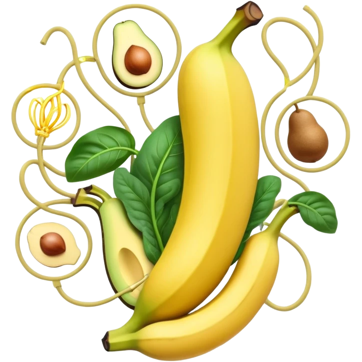 Golden banana, avocado, potatoes and spinach floating around a glowing nervous system and heart. Electrical waves connect these potassium-rich foods to nerves, heart and muscles, showing how potassium supports electrical stability and fluid movement in the body. emoji