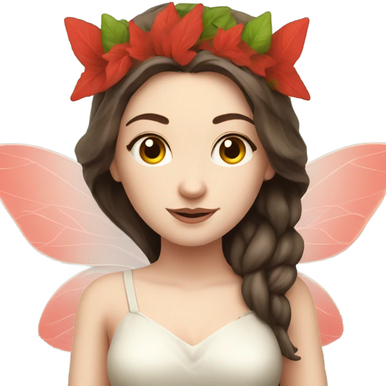 Pale skin, brunette fairy woman with red wings full body wearing leafs emoji