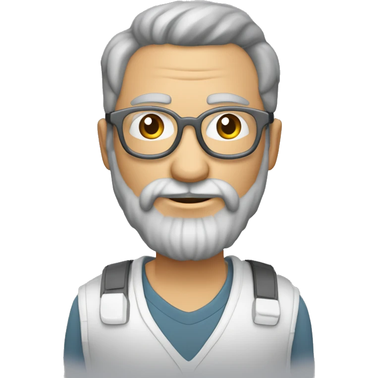 Homme âgé cheveux gris très courts barbe grise très courte lunettes rondes avec caméra en main emoji