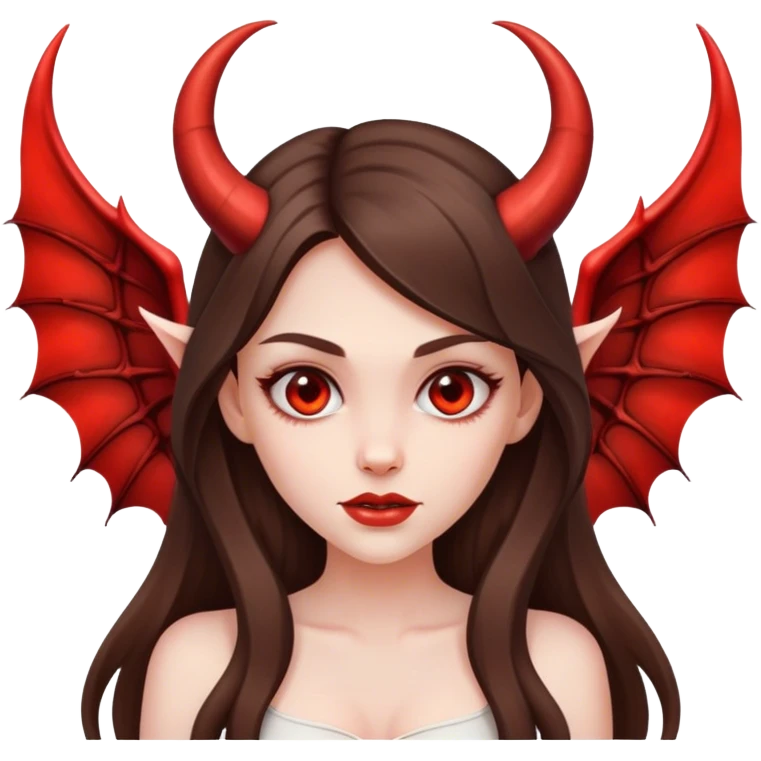 beautiful pale brunette girl with long hair with devil horns and devil wings emoji