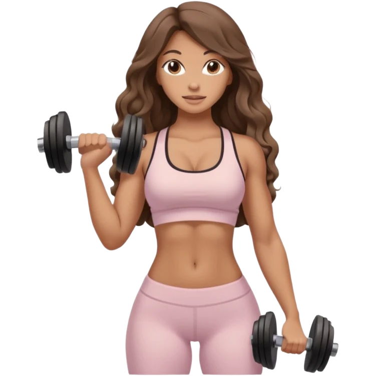 Create dream body girl with big glute and small waist and brown wavy long hair with pastel beige gym clothes with a weight in her hand  emoji