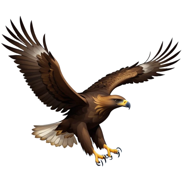 cinematic-golden eagle-realistic-full-body-soaring-emoji,-massive-wings-spread-wide-against-the-open-sky,-sharp-beak-curved-and-powerful,-piercing-golden-eyes-scanning-the-land-below,-strong-feathered-legs-tucked-tight,-dark-brown-feathers emoji