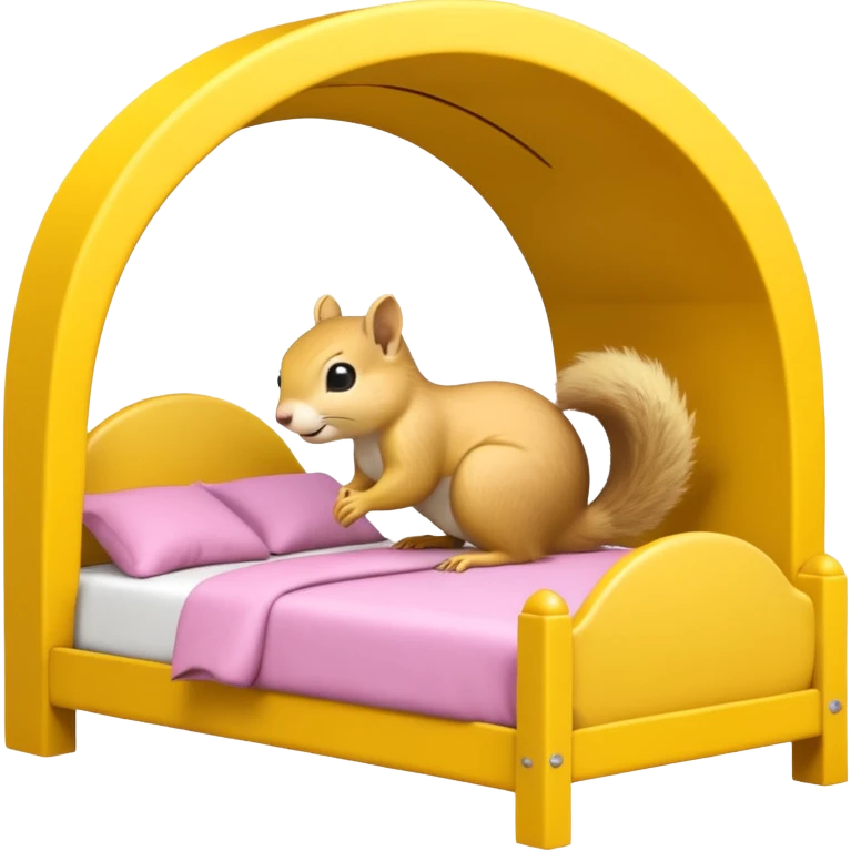 The features a bed themed as a large, cheerful, yellow squirrel. The squirrel's head forms an archway over the bed, with large black eyes, a small pink nose, and prominent white cheeks. The bed frame and arch are bright yellow with integrated yellow LED lighting running along the curves.  emoji