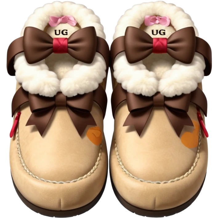 Beige fluffy ugg slippers with a dark brown bow emoji