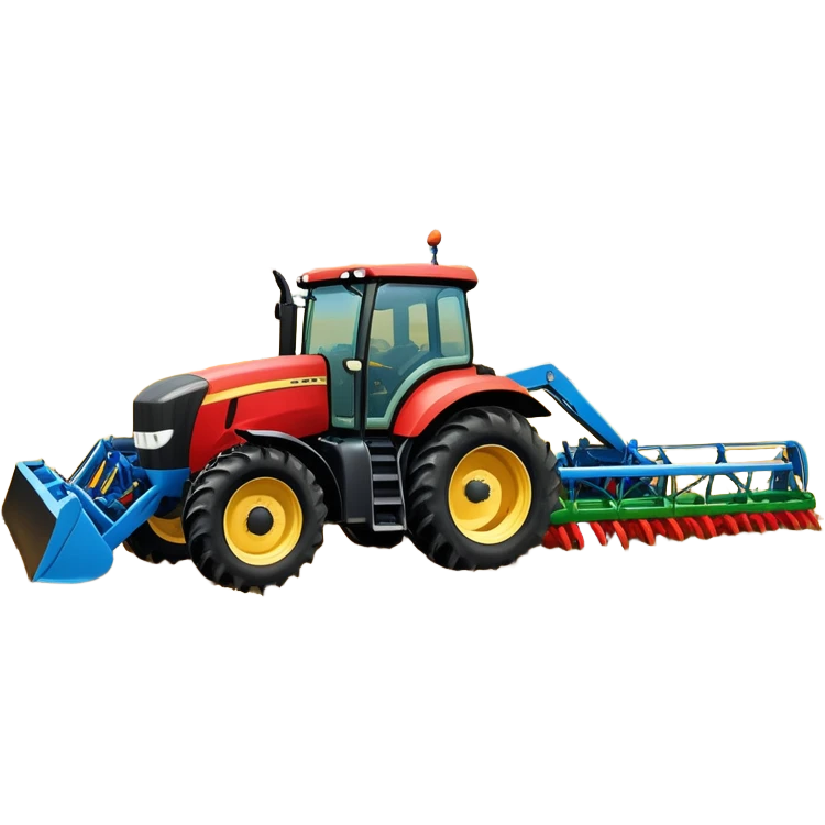 An icon representing a Farming Simulator 22, with a detailed tractor, plowing fields under a bright sky with a colorful rural landscape. The design includes farming tools, crops and barns, symbolizing the immersive experience of managing a farm. Transparent background. emoji