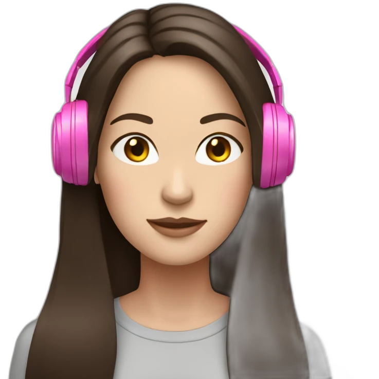 White woman with dark brown long straight hair with pink headphones on  emoji