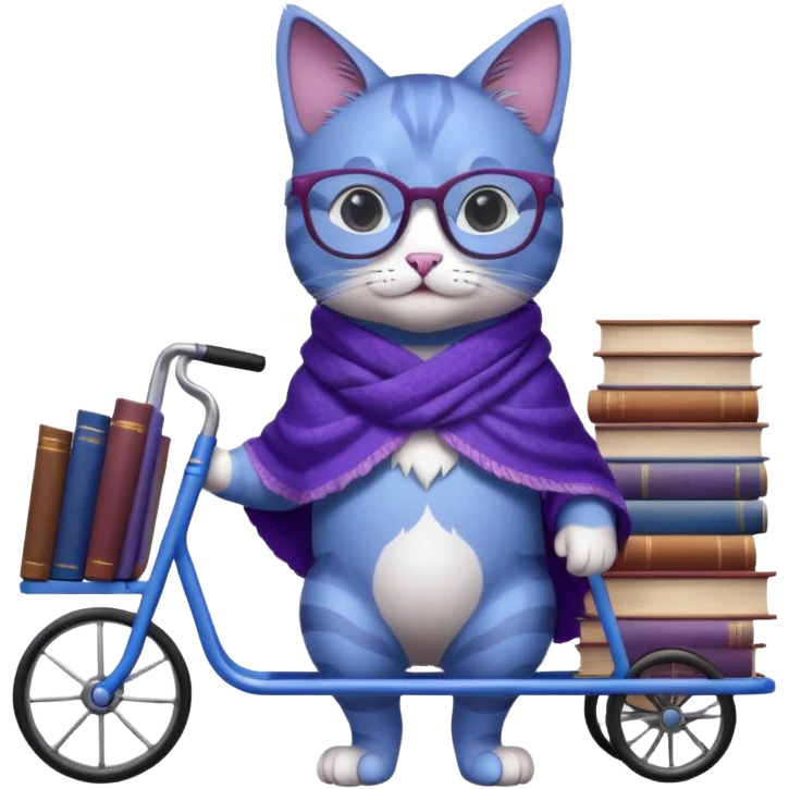 Purple and blue cat with reading glasses and a shawl, standing behind a cart full of books emoji