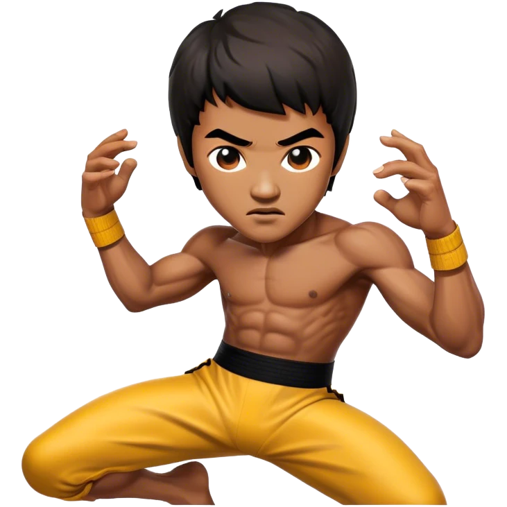 Cinematic Realistic Bruce Lee Portrait Emoji, depicted as a dynamic martial arts icon with an intense gaze and athletic physique caught in a fluid motion, rendered with vivid textures and energetic lighting that embodies his legendary prowess. emoji