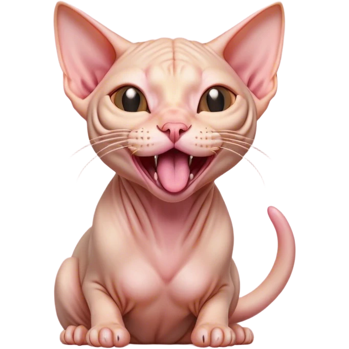 Cinematic Cute Yawning Sphynx Cat Portrait Emoji, Head tilted slightly with a dramatic, wide-open yawn, delicate, hairless skin in soft peach and pink tones, long, elegant limbs stretching lazily, piercing almond-shaped eyes that are barely open, Simplified yet irresistibly adorable features, highly detailed, glowing with a soft, cozy glow, high shine, relaxed yet expressive, stylized with a touch of whimsy, bright and endearing, soft glowing outline, capturing the essence of a sleepy yet affectionate kitty, so drowsy it feels like it could stretch right out of the screen and curl up for a nap! emoji