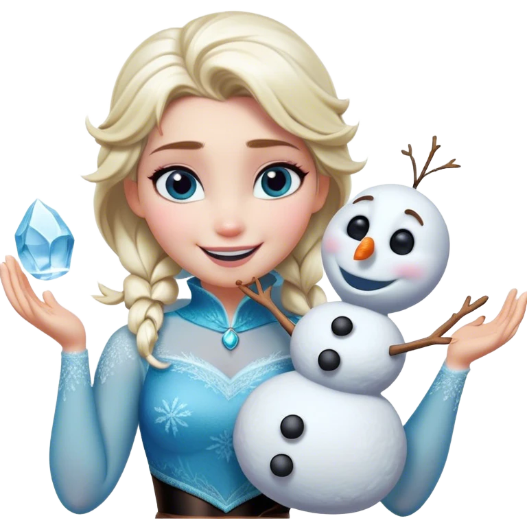 Cinematic Funny Elsa Portrait Emoji, Making a tiny snowman in her hands with a proud grin, looking smug as it dances, an unexpectedly hilarious moment of icy creativity! emoji