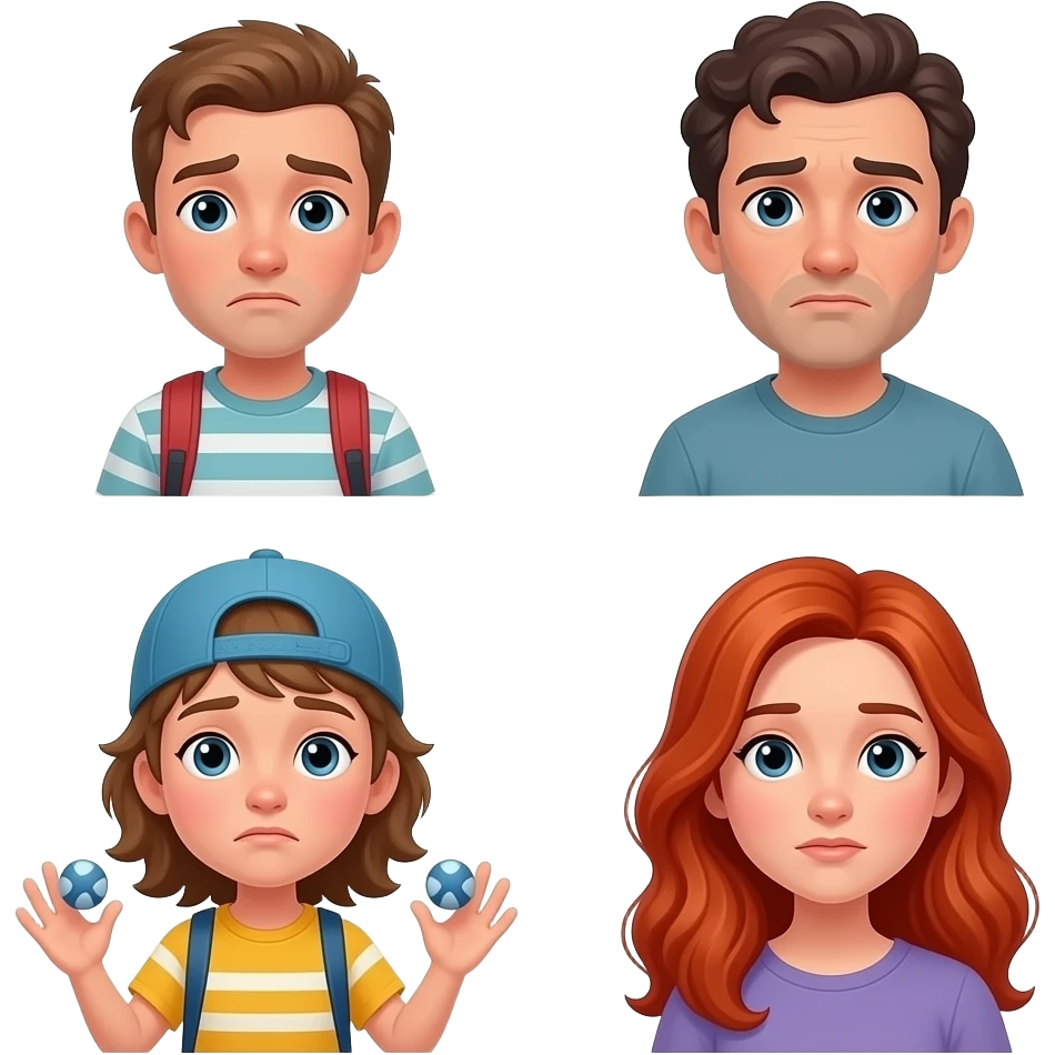 2 ADOLESCENTES SIN SONRISA JUGANDO A LA PLAY. UNO DE PELO LARGO , OTRO CON GORRA. PAPA DE RULOS MOROCHO PREOCUPADO Y MAMA DE PELO BIEN LARGO RIZADO COLORADO MIRANDO COMO JUEGAN LOS ADOLESCENTES emoji