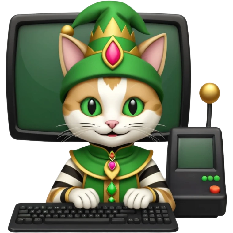 mac os icon code computer retro terminal, black, green white, fantasy court jester cat draw as ASCII code inside the terminal emoji