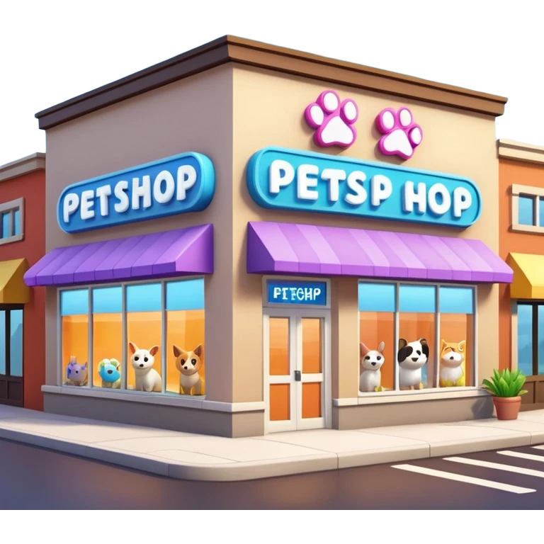 Modern building of a pet shop with a big glowing sign that says PETSHOP on the front. Colorful storefront, large windows showing pet products inside, cute animal illustrations on the walls, warm and friendly atmosphere, daytime, high-quality detailed render emoji