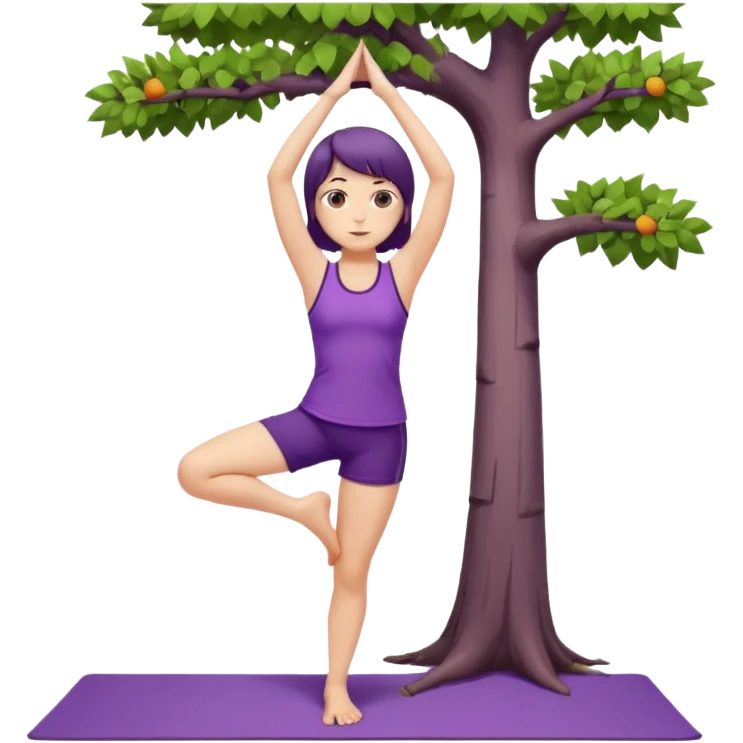 Девушка с короткими волосами до плеч русого цвета, пробор по посередине головы есть чёлка, с черными бровями, карие глаза, у неё фиолетовый спортивный костюм с майкой и шортами, она занимается йогой в позе дерева emoji