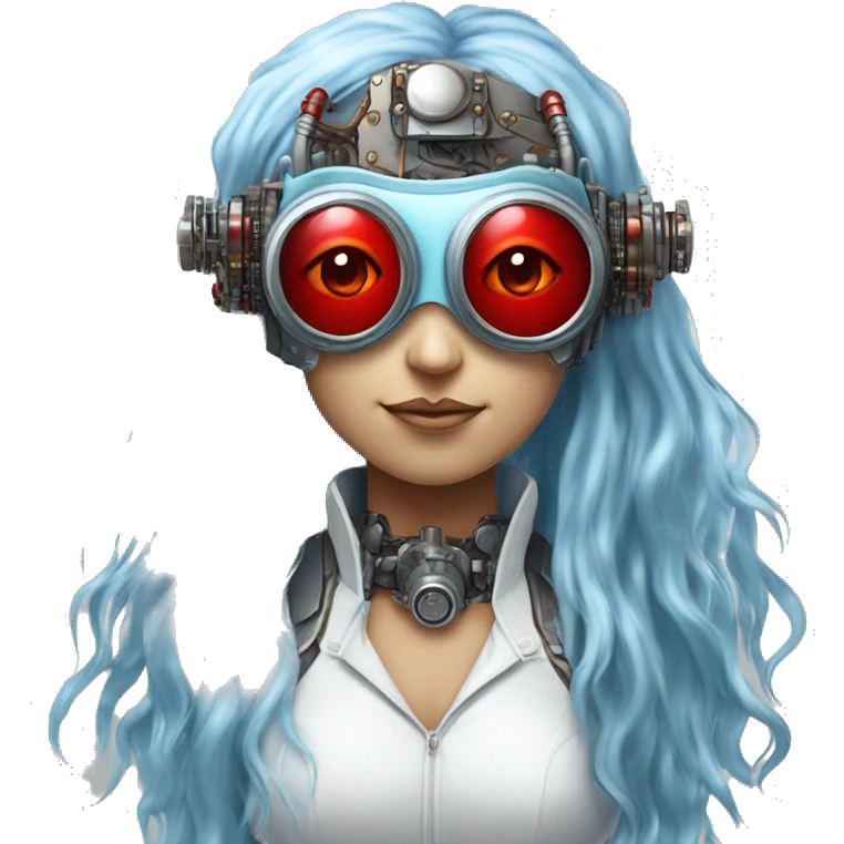 Light blue long hair female cyborg head with red steampunk goggles and circuits emoji