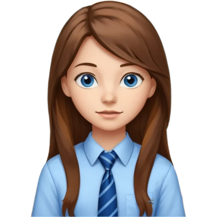 high school class room with a blackboard, with a pretty female high school student with long brown hair, blue eyes, wearing a tie emoji