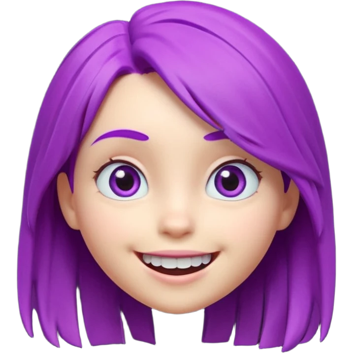 A cute 3D animated emoji character of a young girl face with vibrant purple hair. She has big expressive eyes and a wide happy smile showing teeth. The style is like a Pixar or Disney movie character, soft textures, high quality CGI render, isometric view, on a solid plain white background. emoji