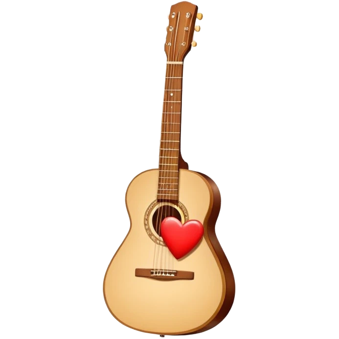 “Flat vector icon of a Cuban tres guitar in three-quarter view, warm brown, thick outline, centered on a warm cream or beige rounded-square (or circle); near the soundboard add a small red or pink heart with a soft glow and 2–3 tiny sparkles to suggest ‘soul’.  emoji
