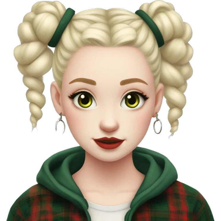  Pale skinned girl, dark green space buns hairstyle, wearing a red flannel, hoop earrings, thick wing eyeliner emoji