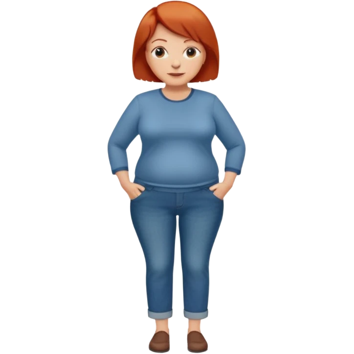 Lazy old Short woman with straight short red hair and fat tummy..wears business casual loose jeans and full sleeve  tshirt. Not smart looking ill fitting clothes emoji