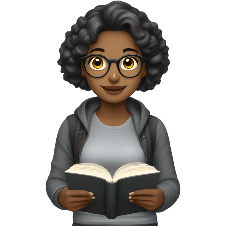 una chica de pelo medio ondulado negro y media morena con top gris leyendo un libro con audifonos emoji