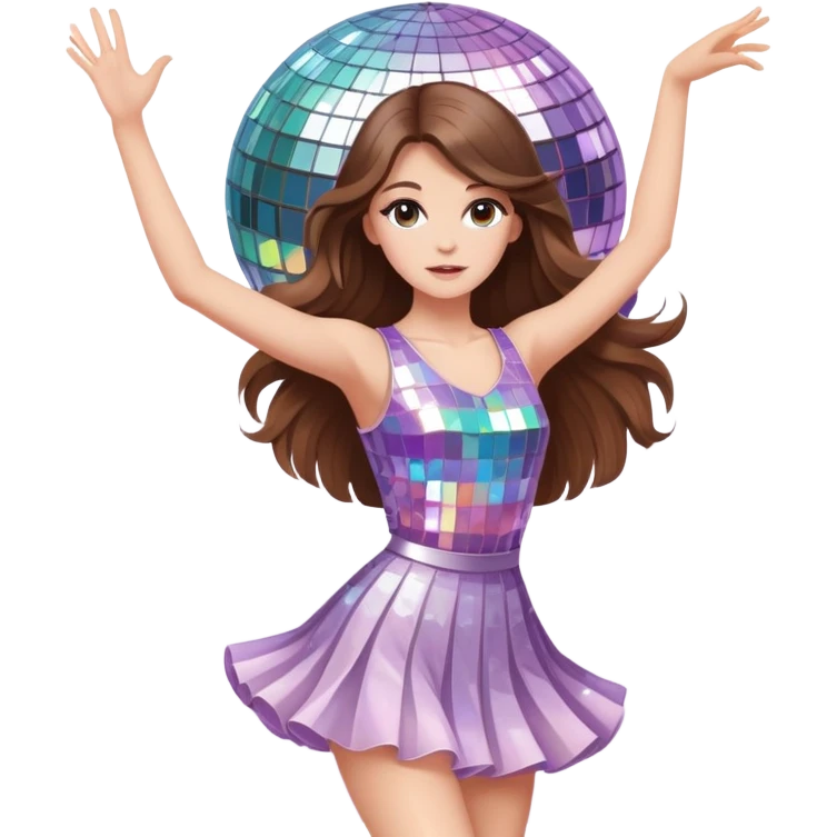 Girl with long brown hair  white girl dancing like nobody’s watching, cute elegant quirky  discoball in background pastel  emoji