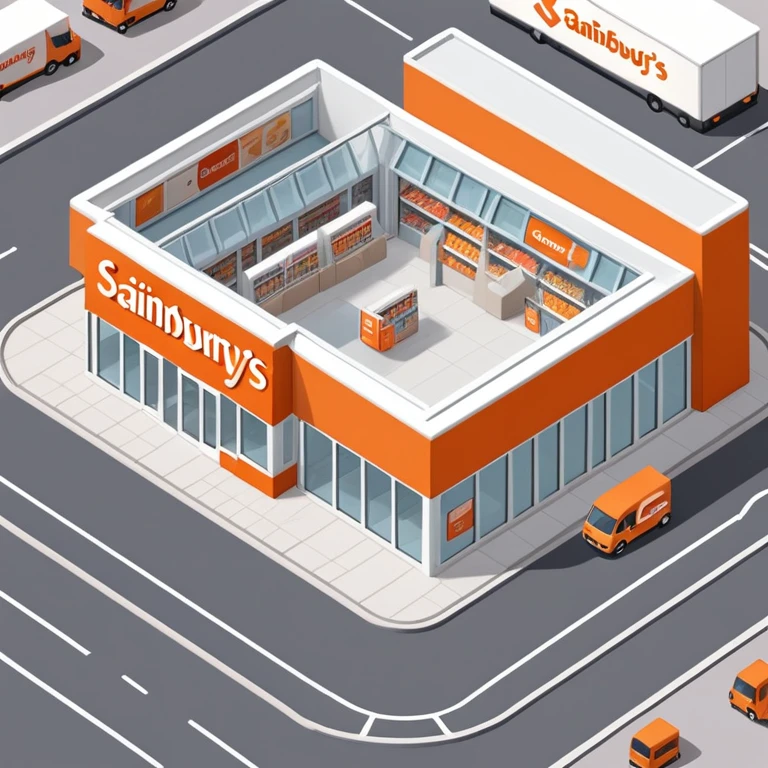 Isometric Sainsbury's store with distinctive orange logo, Argos section inside, self-checkout area visible through windows, and delivery vans emoji