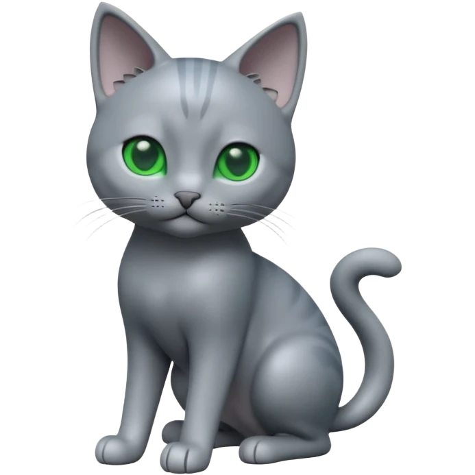 A 3D cartoon Russian Blue cat in cool silver-gray tone, smooth fur, green eyes, sleek lighting, cinematic 3D Memoji style. full body or half body. emoji