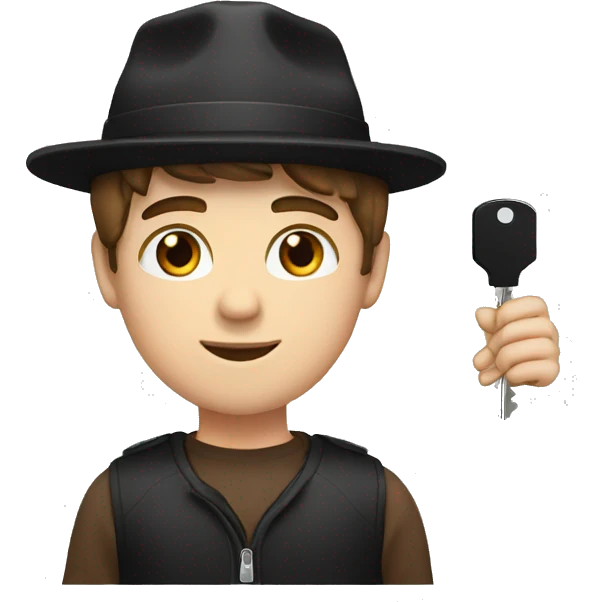 white boy, with a brown hair, brown eyes and with a black hat holding a car key emoji