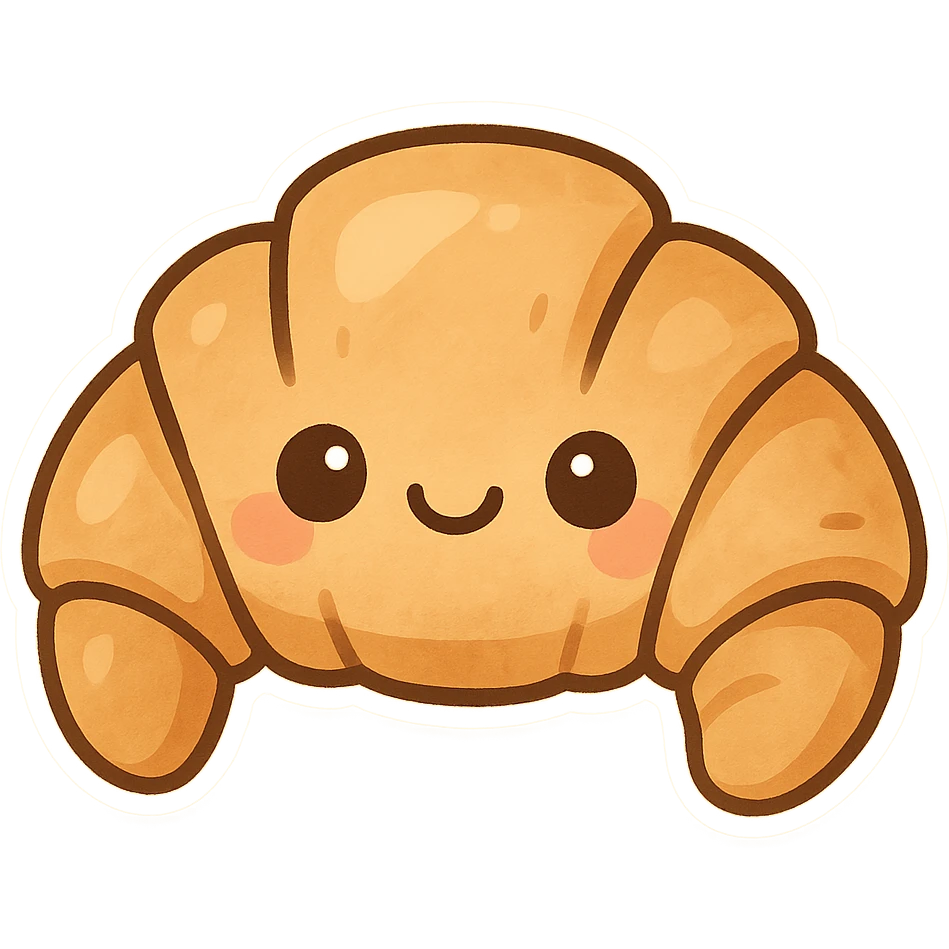 chibi sticker-style croissant with a smiling face, cute and exaggerated emoji