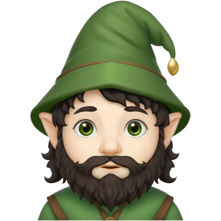 Gnomo con, capelli ricci scuri, occhi marroni, cappello verde emoji