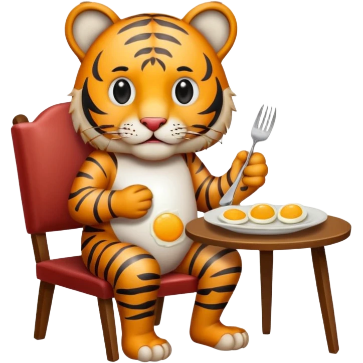 Tiger sitting by a table on a chair, with a plate of eggs and bacon in front of him on the table emoji