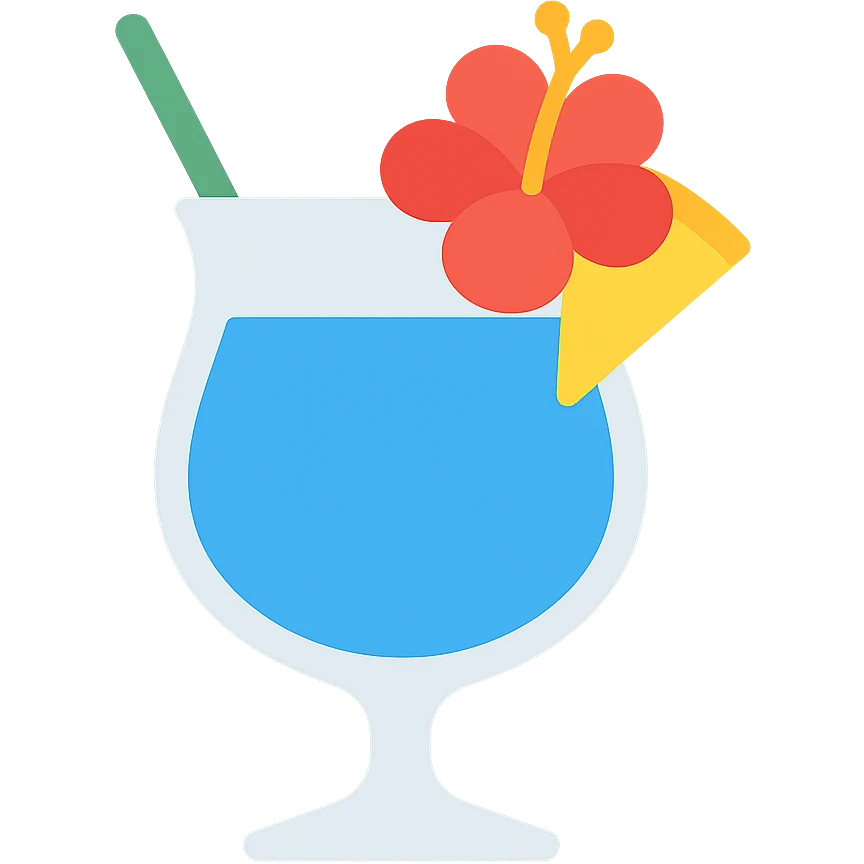 blue tropical cocktail with hibiscus and pineapple garnishes emoji