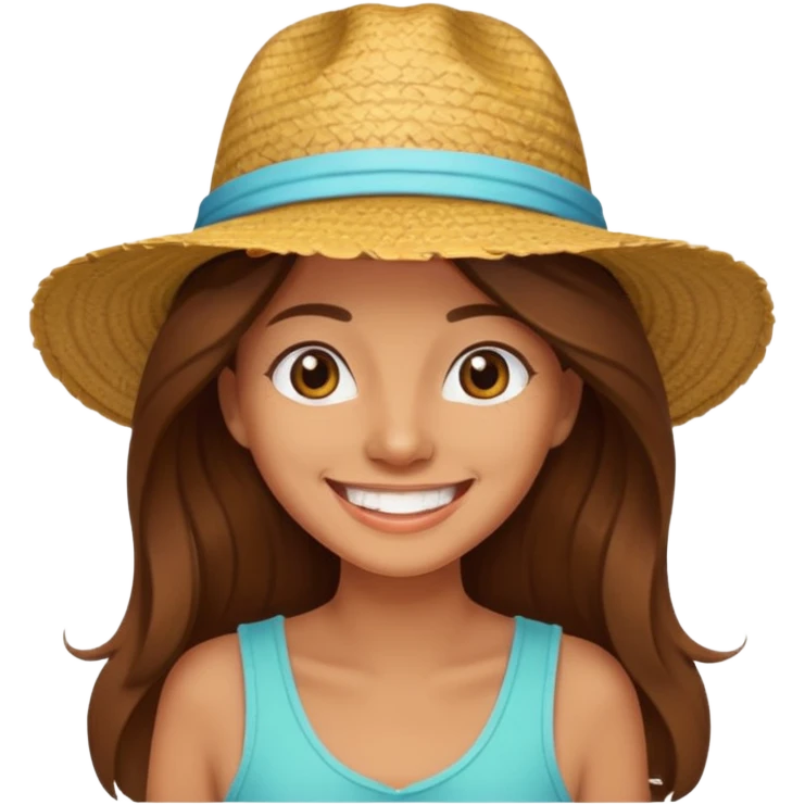 woman with long brown hair on vacation, happy and smilling with theeth and a hat emoji