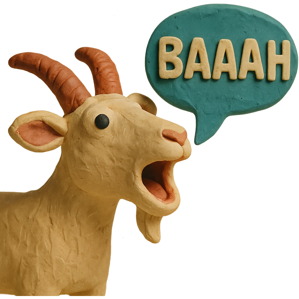 claymation style goat with mouth open saying 'baaah' (text included) emoji