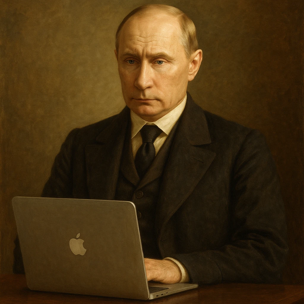 Historical leader portrait-style Vladimir Putin with a MacBook on a desk emoji