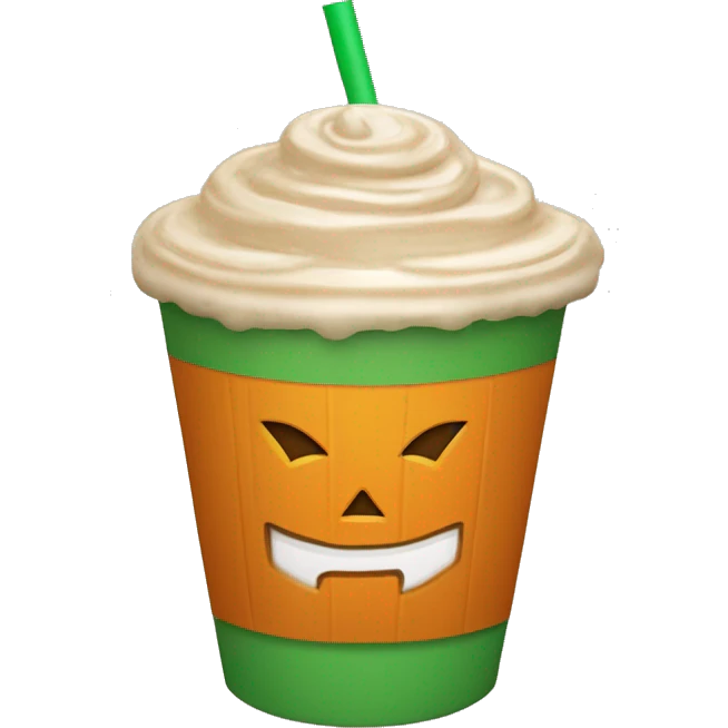 pumpkin shape cup with iced pumpkin spice latte and a green straw emoji