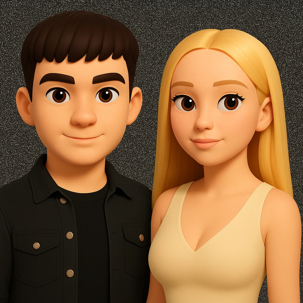 Slightly increase the volume of the upper body of the girl, significantly spread them apart from each other, make the skin color the same for both characters, while preserving the cartoonish 3D style as in the reference image. emoji
