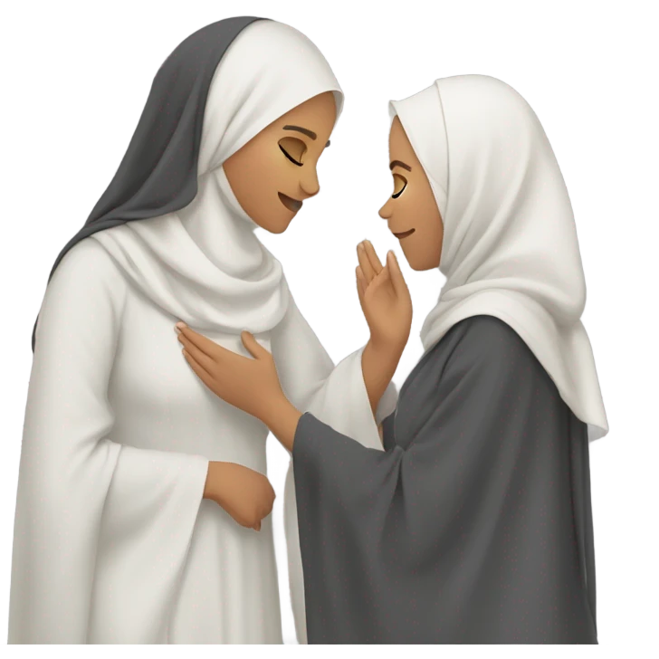 A teenage girl giving a respectful hand-kiss (salim) to her mother.  Both the daughter and the mother are wearing hijabs and abayas. emoji