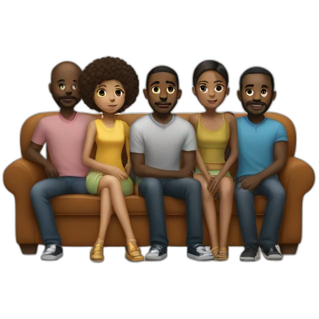 (five black men) standing around a light-skinned girl sitting on a sofa emoji