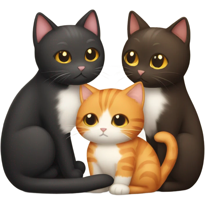 Brown cat orange cat black cat hugging emoji