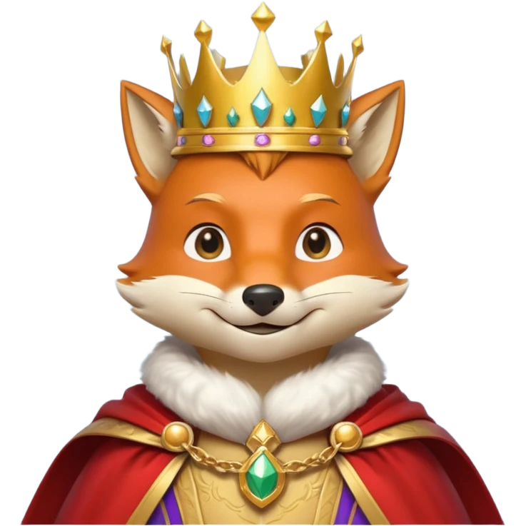 fox king portrait, head and shoulders only, elegant golden crown, noble cloak collar, clever confident smile, fantasy kingdom vibe, 3D cartoon, mobile game icon style, clean background, no text, no watermark
 emoji