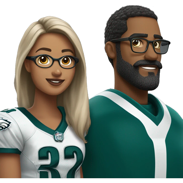Brown skin couple in Philadelphia Eagles clothing guy has a beard and mustache girl has glasses and her hair in a bun emoji